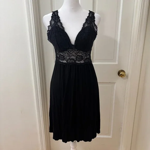 Black Coquette Babydoll Slip Dress Lace Fairy Whimsygoth Witchy Y2K Sheer Sz M - Picture 1 of 7